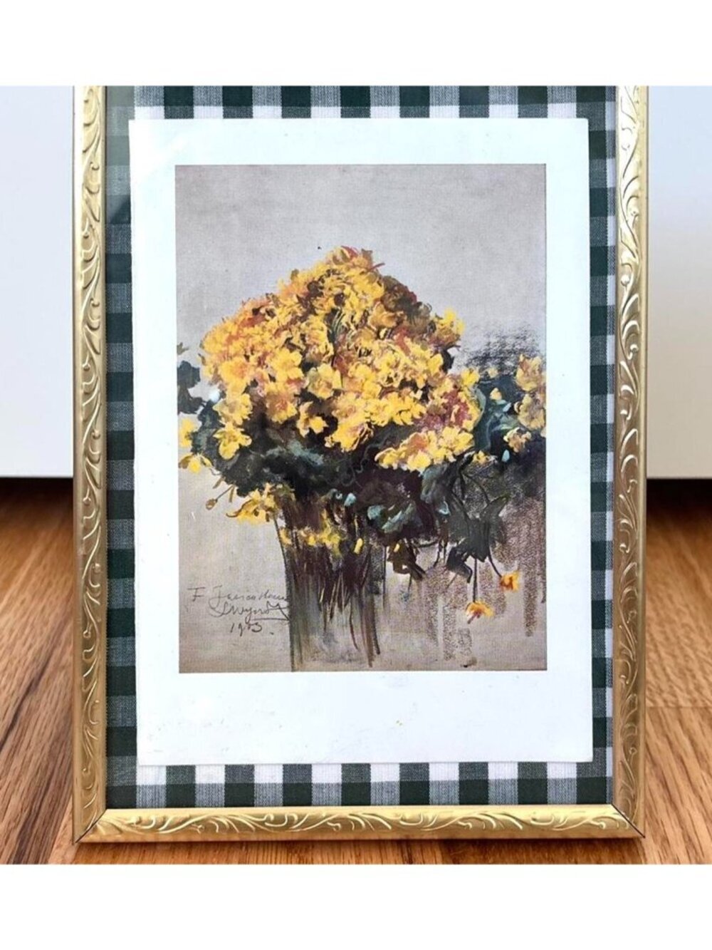 Vintage Floral Wall Art • Gold Ornate Frame • Gingham Cottagecore Decor